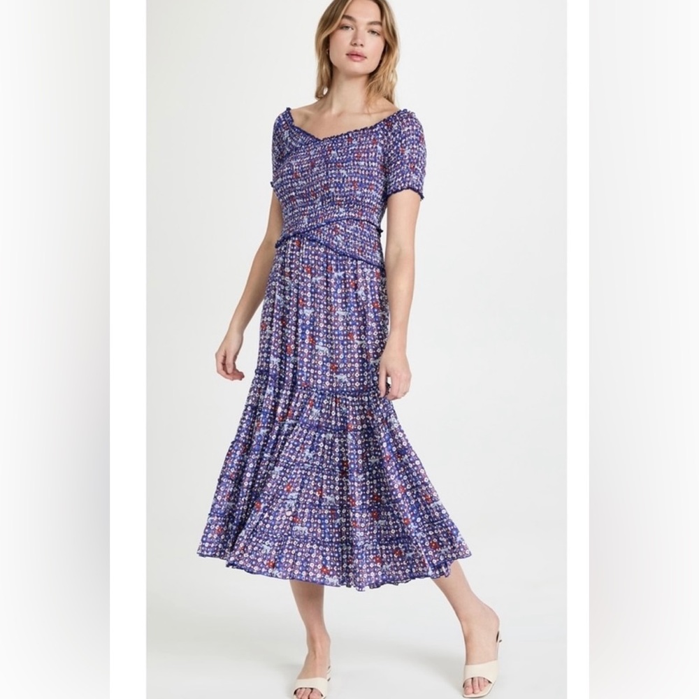 Poupette St Barth 
Soledad Ruched Midi Dress 
Blue Hyeres, S
